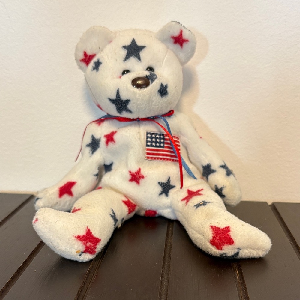 Ty White and Red Star Patterned Stuffed Bear